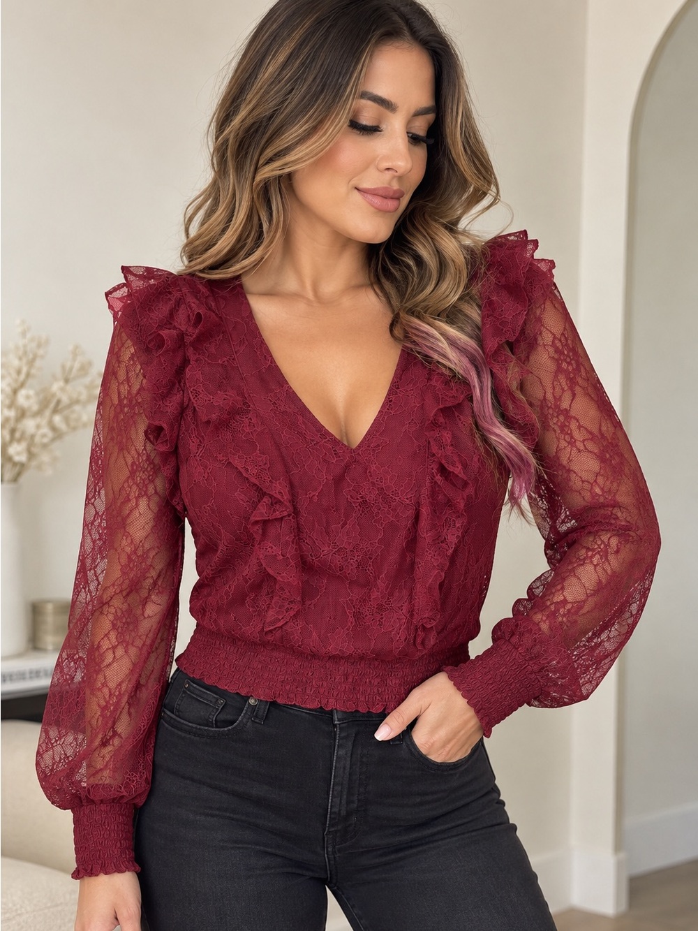 Express Women's Wine Lace Ruffle V-Neck Blouse